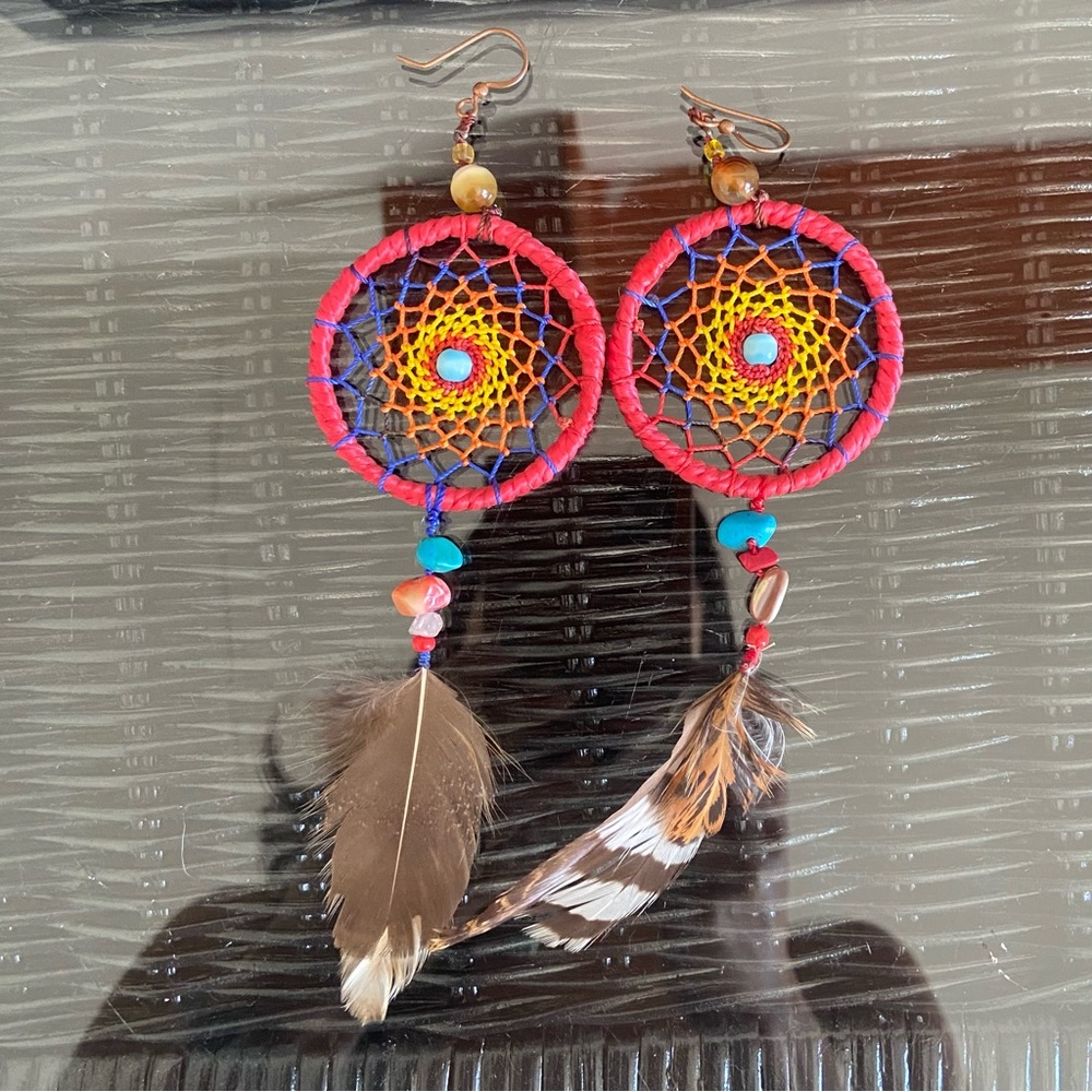 Large Bohemian Dreamcatcher Feather Dangly Statement Earrings